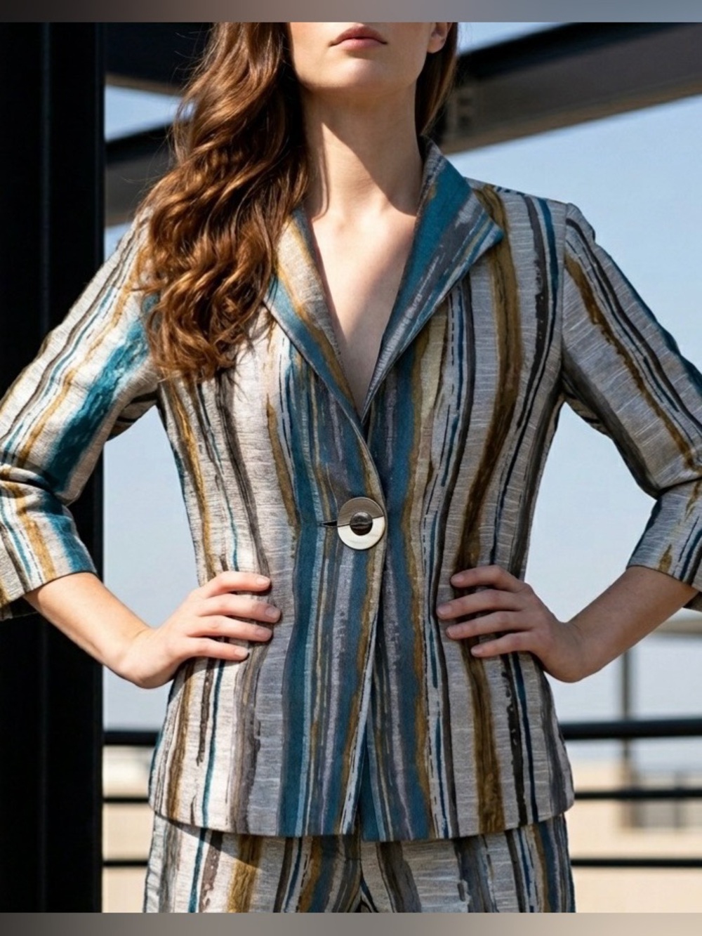 IC by CONNIE K Jacket Coat Metallic Striped Tapestry Blazer Blue Golden Yellow